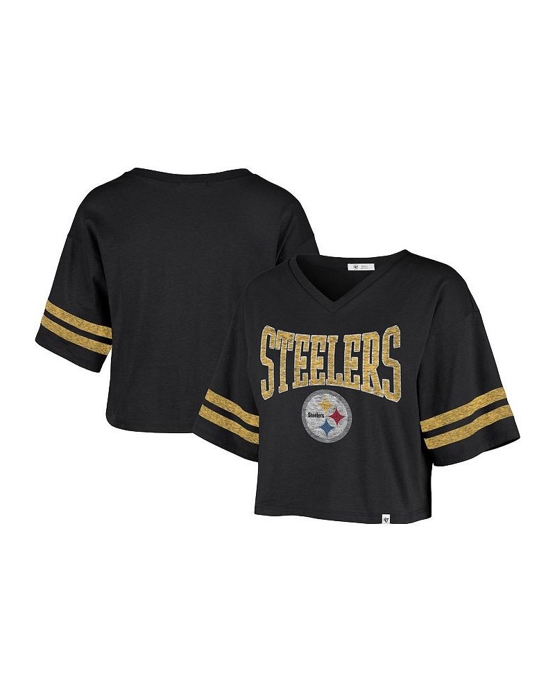 Women's Black Pittsburgh Steelers Fanfare Sport V-Neck Crop Top Black $29.63 Tops