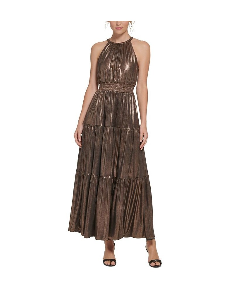 Women's Metallic Sleeveless Halter Dress Bronze $40.56 Dresses