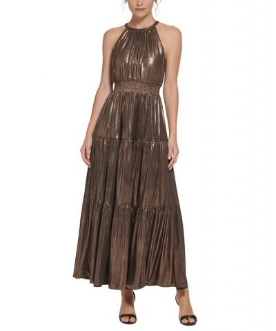 Women's Metallic Sleeveless Halter Dress Bronze $40.56 Dresses