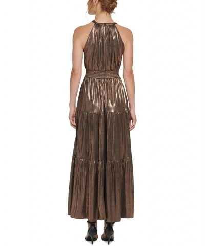 Women's Metallic Sleeveless Halter Dress Bronze $40.56 Dresses