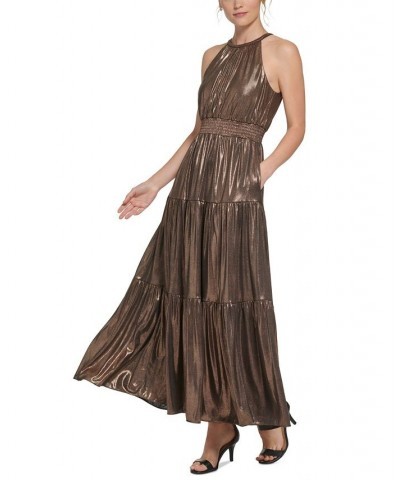 Women's Metallic Sleeveless Halter Dress Bronze $40.56 Dresses