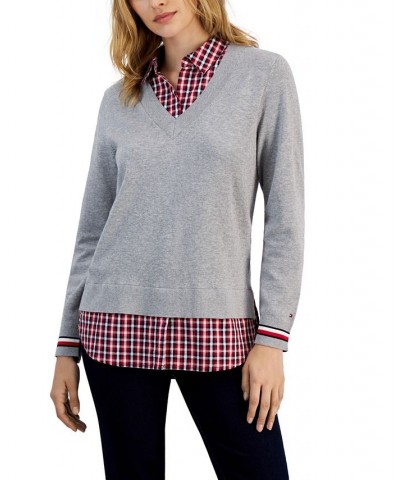 Women's Cotton Layered-Look Sweater Scarlet/bop Check-medium Heather Grey Multi $15.26 Sweaters