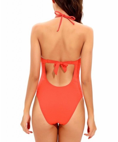 Women's Golden Wave Textured Plunging Lace-Up Swimsuit Red $44.40 Swimsuits