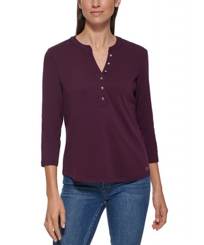 3/4 Sleeve Button Front Henley Purple $20.25 Tops