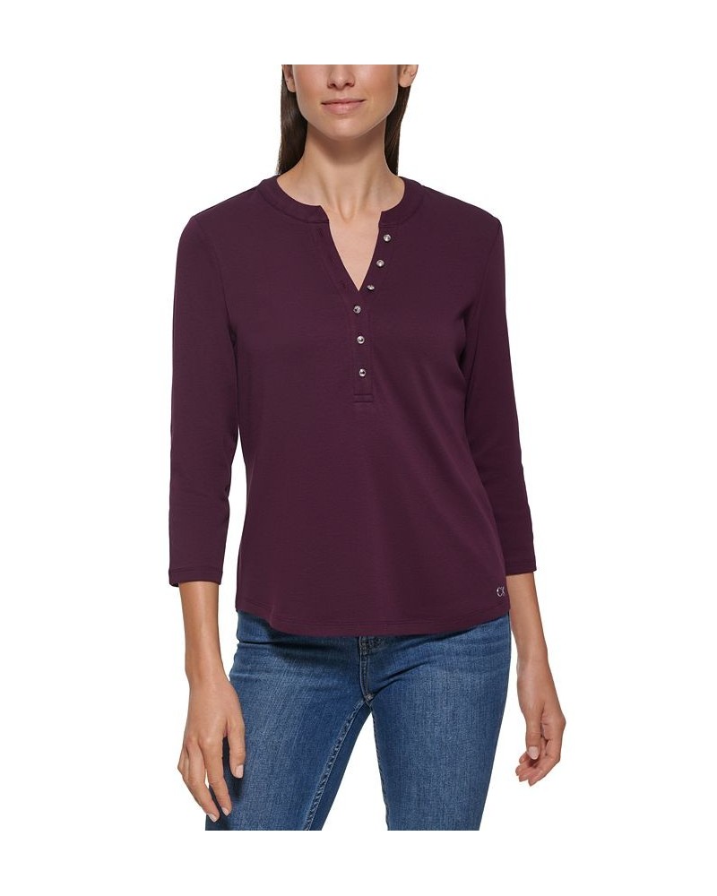 3/4 Sleeve Button Front Henley Purple $20.25 Tops