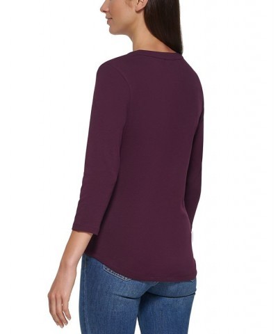 3/4 Sleeve Button Front Henley Purple $20.25 Tops