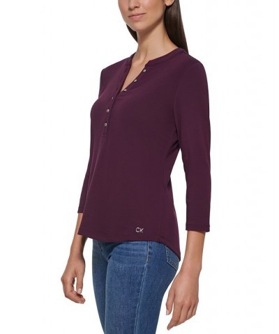 3/4 Sleeve Button Front Henley Purple $20.25 Tops