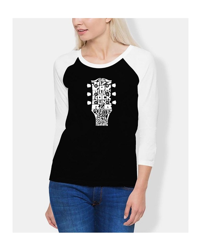 Women's Raglan Word Art Guitar Head Music Genres T-shirt Black, White $18.48 Tops