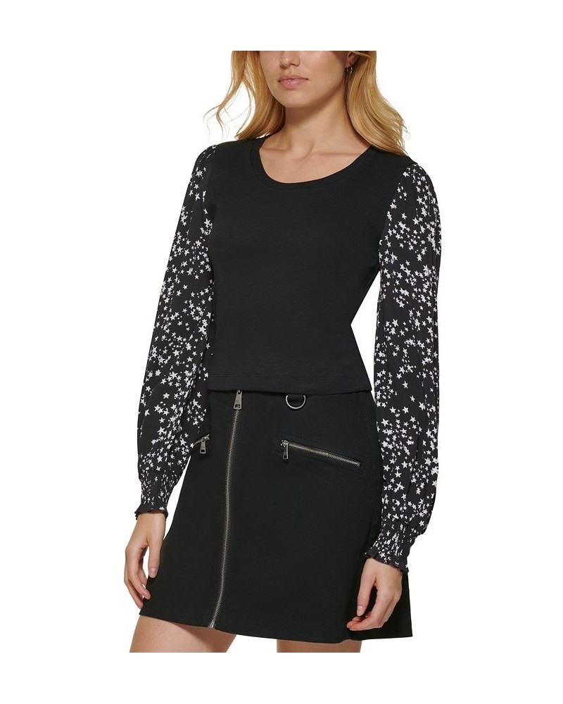 Women's Mixed-Media Printed-Long-Sleeve Top Black Ivory Combo $28.27 Tops