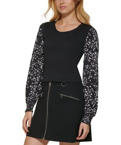 Women's Mixed-Media Printed-Long-Sleeve Top Black Ivory Combo $28.27 Tops