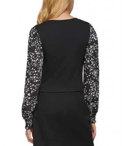 Women's Mixed-Media Printed-Long-Sleeve Top Black Ivory Combo $28.27 Tops