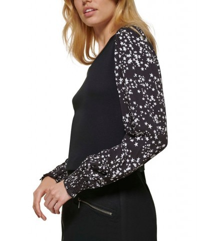 Women's Mixed-Media Printed-Long-Sleeve Top Black Ivory Combo $28.27 Tops