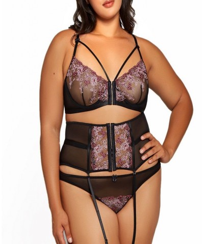 Plus Size Rosemary Lace and Mesh Bralette Waist Cincher And Panty 3pc Lingerie Set Fuchsia-Black $44.12 Lingerie