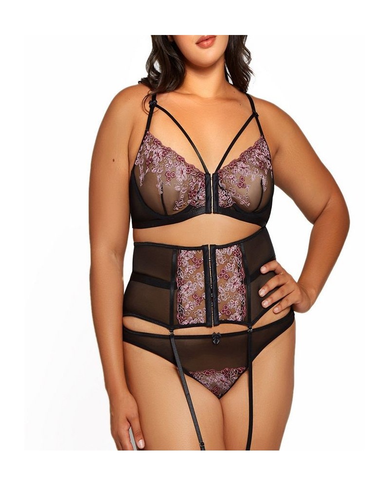 Plus Size Rosemary Lace and Mesh Bralette Waist Cincher And Panty 3pc Lingerie Set Fuchsia-Black $44.12 Lingerie