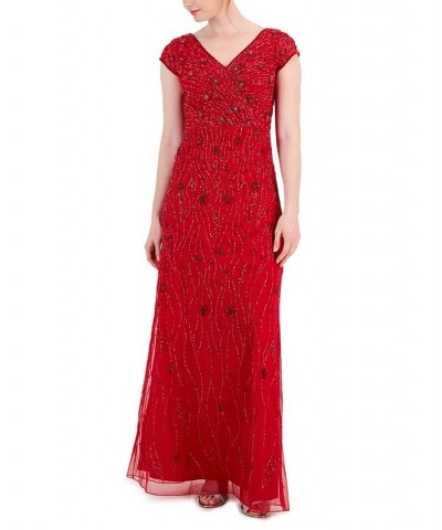 Women's Embellished V-Neck Cap-Sleeve Gown Red $95.06 Dresses