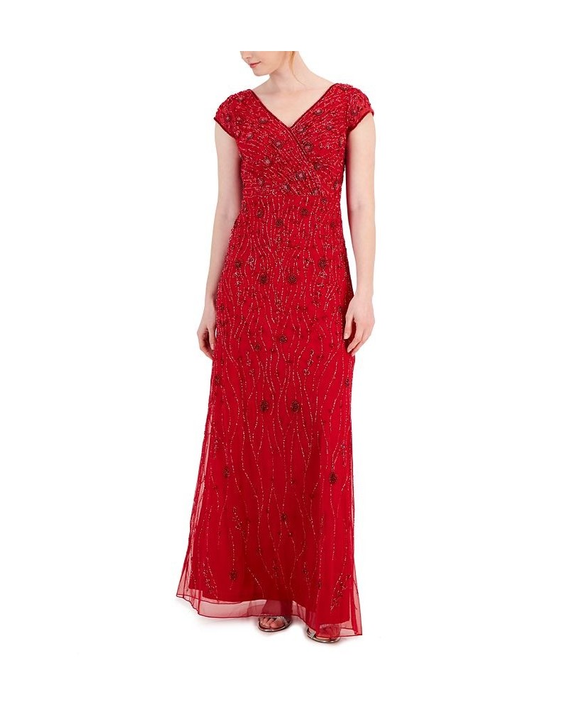 Women's Embellished V-Neck Cap-Sleeve Gown Red $95.06 Dresses