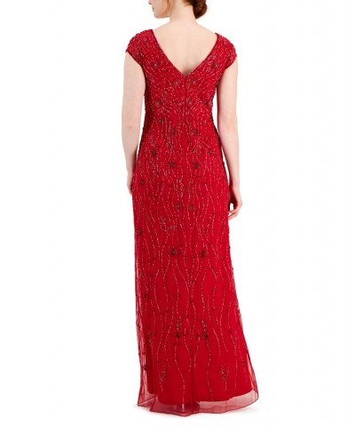 Women's Embellished V-Neck Cap-Sleeve Gown Red $95.06 Dresses