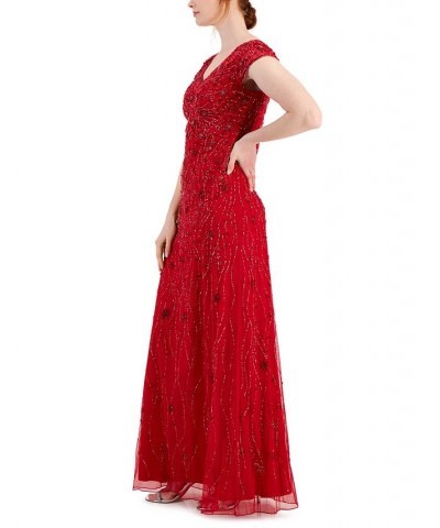 Women's Embellished V-Neck Cap-Sleeve Gown Red $95.06 Dresses