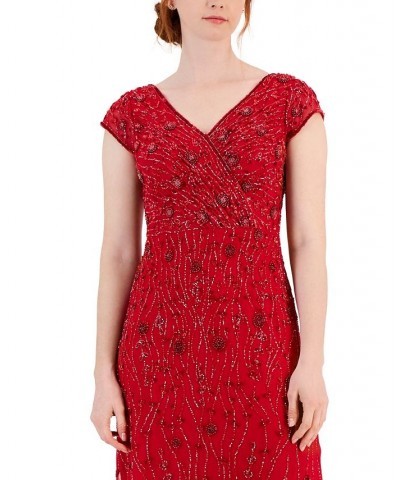 Women's Embellished V-Neck Cap-Sleeve Gown Red $95.06 Dresses