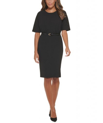 Women's Belted Short-Sleeve Sheath Dress Black $40.80 Dresses