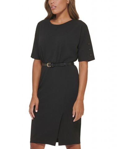 Women's Belted Short-Sleeve Sheath Dress Black $40.80 Dresses