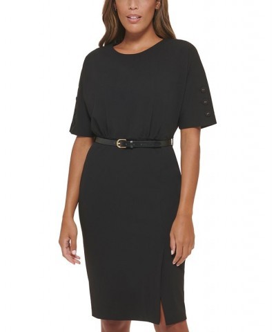 Women's Belted Short-Sleeve Sheath Dress Black $40.80 Dresses