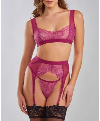 Women's Ruby Soft Cup Bralette Garter and Lace Panty Set 3 Piece Wine $44.79 Lingerie