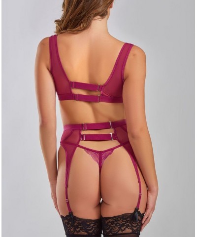 Women's Ruby Soft Cup Bralette Garter and Lace Panty Set 3 Piece Wine $44.79 Lingerie