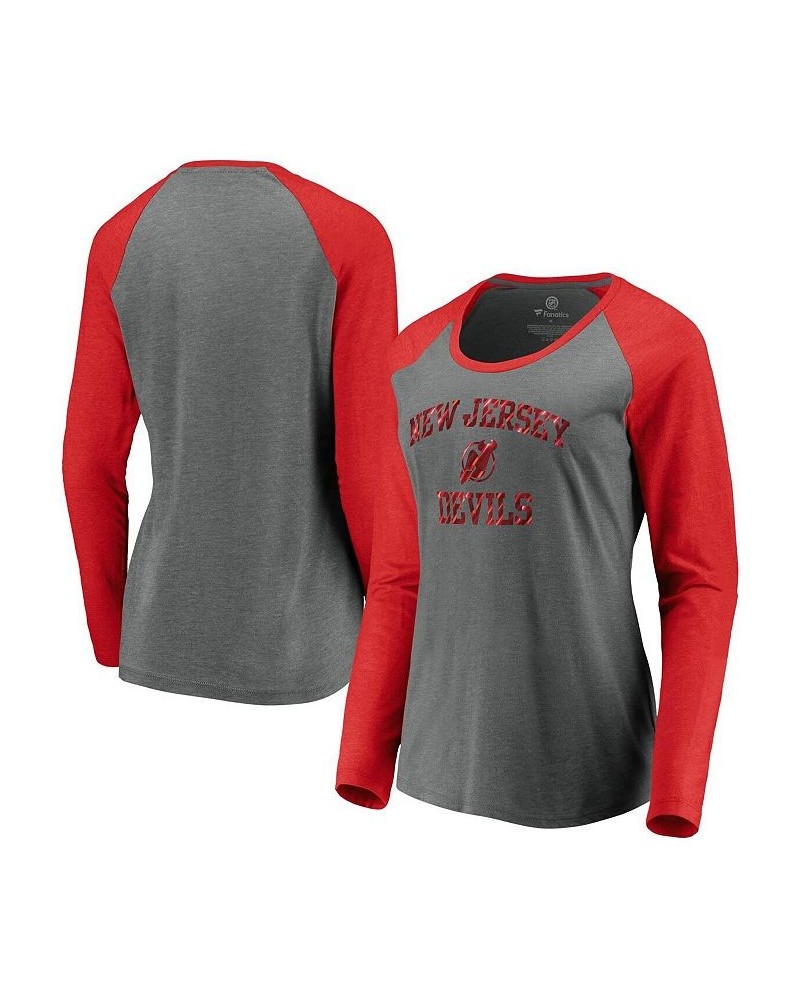 Women's New Jersey Devils Favorite Raglan Tri-Blend Long Sleeve Scoop Neck T-shirt Heathered Gray $32.43 Tops