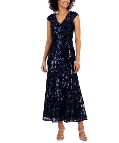 Petite Sequin V-Neck Fit & Flare Gown Navy $94.15 Dresses