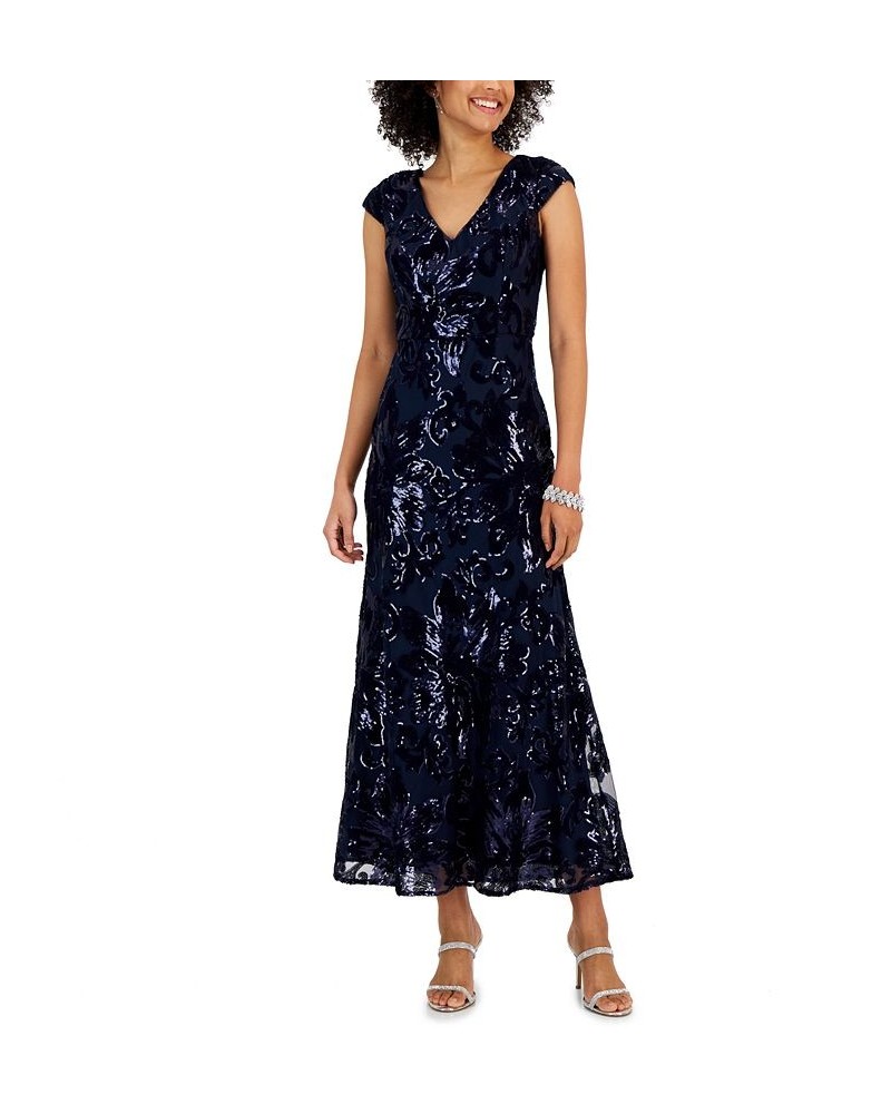 Petite Sequin V-Neck Fit & Flare Gown Navy $94.15 Dresses