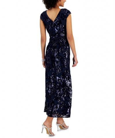 Petite Sequin V-Neck Fit & Flare Gown Navy $94.15 Dresses