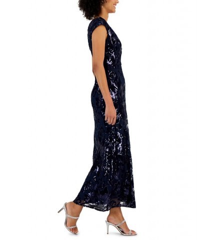 Petite Sequin V-Neck Fit & Flare Gown Navy $94.15 Dresses