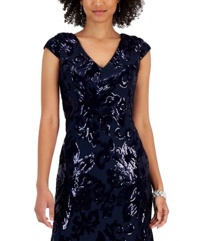 Petite Sequin V-Neck Fit & Flare Gown Navy $94.15 Dresses