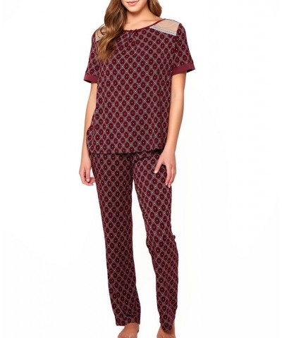Women's Diamond Pattern Print Ultra Soft Knit Pajamas Set Burgundy $46.01 Lingerie