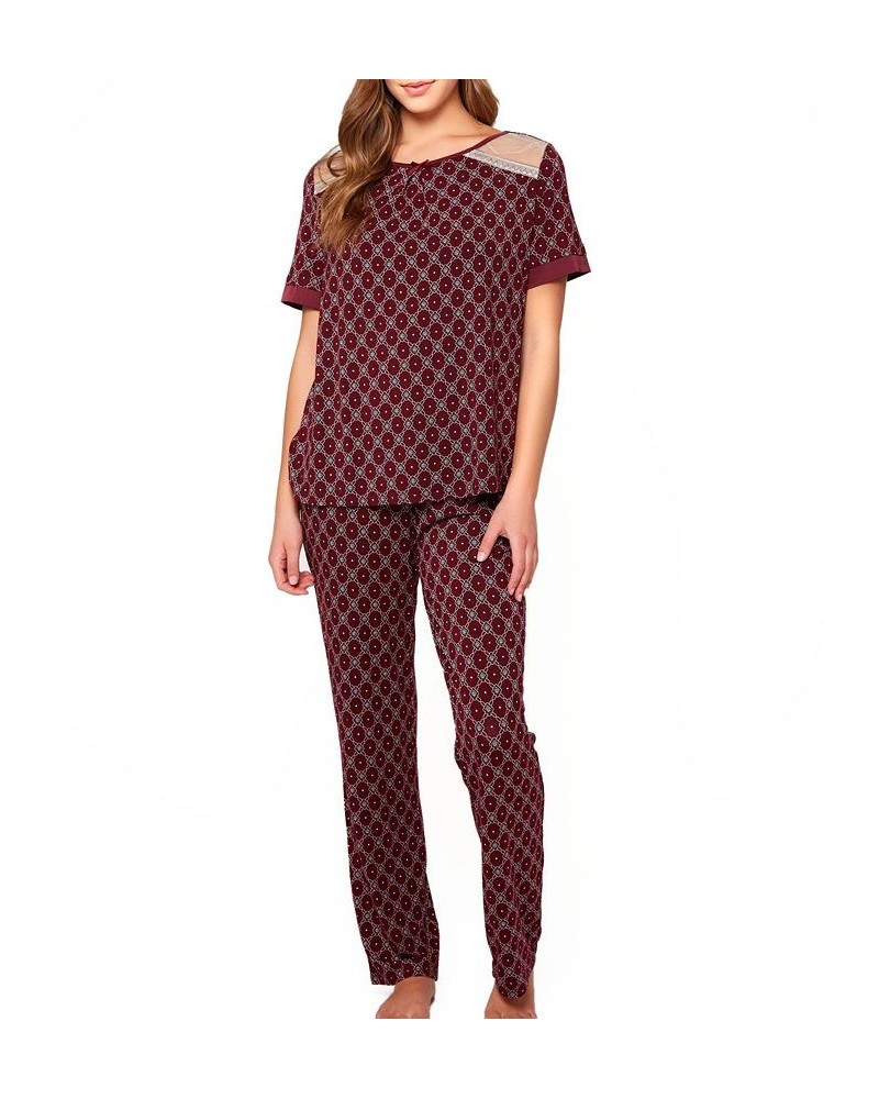 Women's Diamond Pattern Print Ultra Soft Knit Pajamas Set Burgundy $46.01 Lingerie