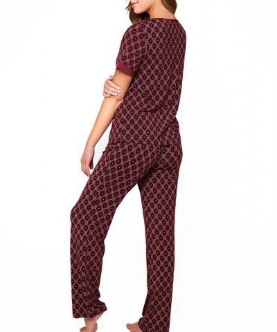 Women's Diamond Pattern Print Ultra Soft Knit Pajamas Set Burgundy $46.01 Lingerie