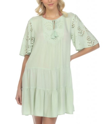 Women's Eyelet Tiered Swim Cover-Up Dress Sage $33.92 Swimsuits