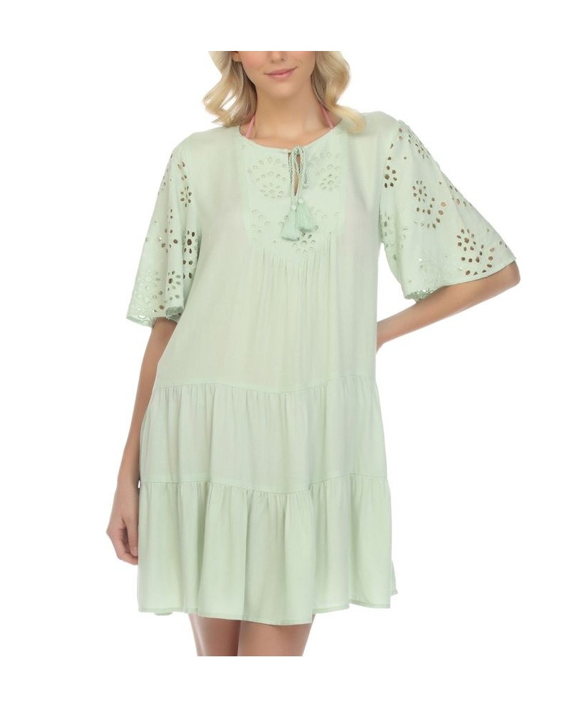 Women's Eyelet Tiered Swim Cover-Up Dress Sage $33.92 Swimsuits