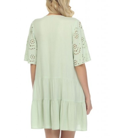 Women's Eyelet Tiered Swim Cover-Up Dress Sage $33.92 Swimsuits