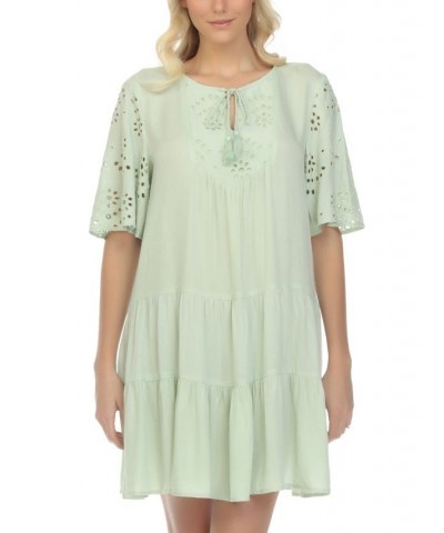 Women's Eyelet Tiered Swim Cover-Up Dress Sage $33.92 Swimsuits