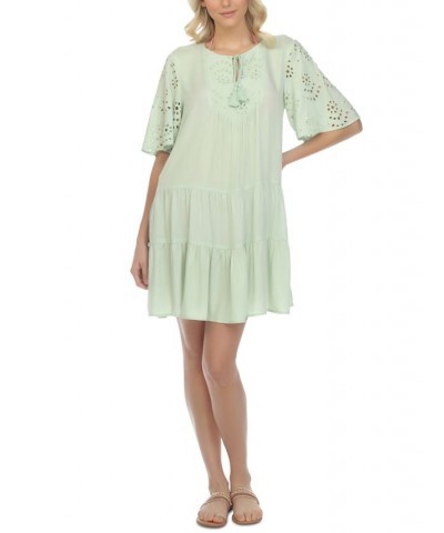 Women's Eyelet Tiered Swim Cover-Up Dress Sage $33.92 Swimsuits