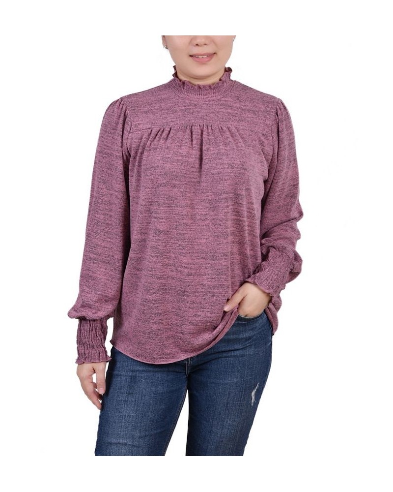 Petite Long Sleeve with Smocking Details Top Purple $17.28 Tops