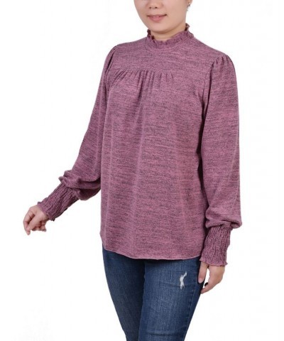 Petite Long Sleeve with Smocking Details Top Purple $17.28 Tops