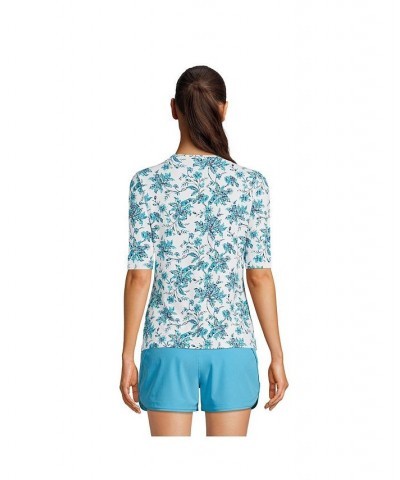 Women's Long Crew Neck Elbow Sleeve Rash Guard UPF 50 Sun Protection Modest Swim Tee White/turquoise jacobean $27.24 Swimsuits