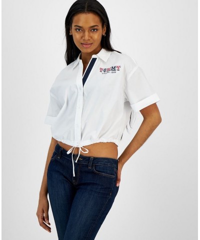 Women's Cotton Cropped Drawstring Shirt Bright White $28.78 Tops