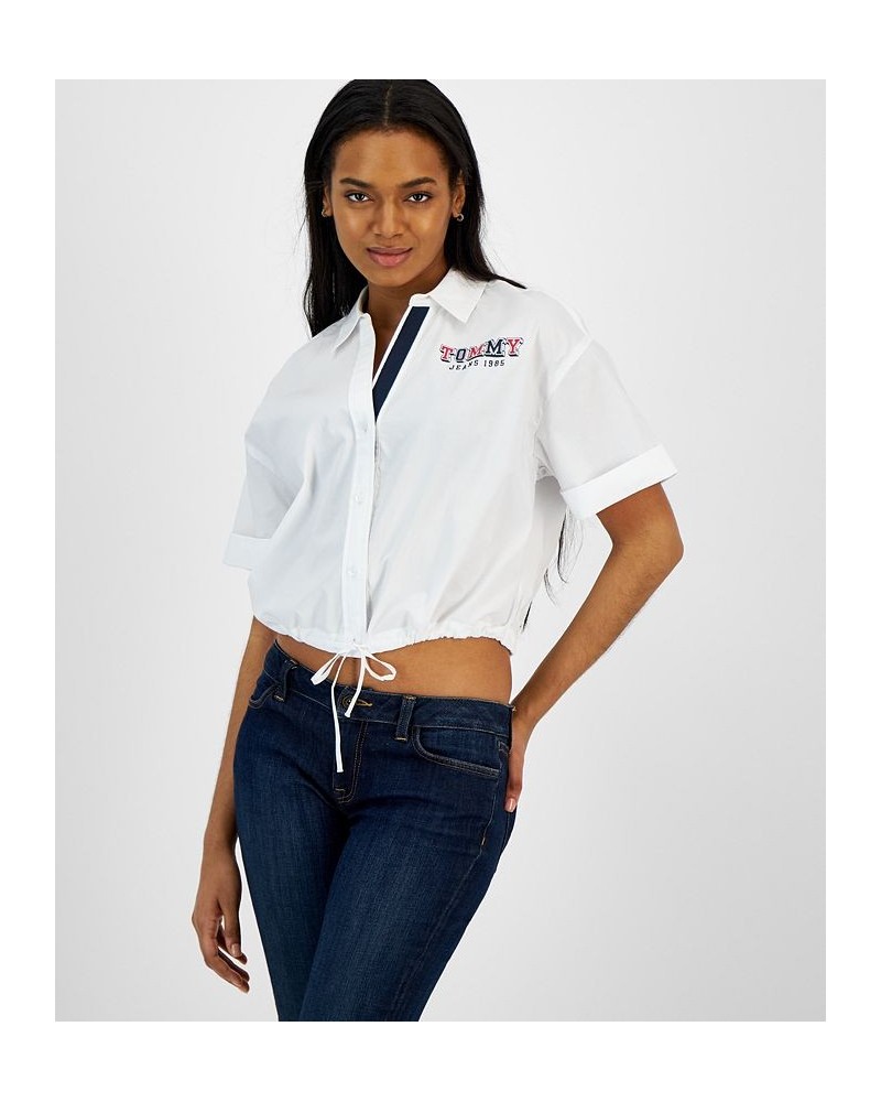 Women's Cotton Cropped Drawstring Shirt Bright White $28.78 Tops