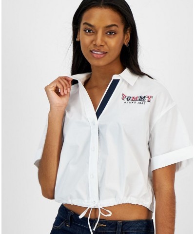 Women's Cotton Cropped Drawstring Shirt Bright White $28.78 Tops