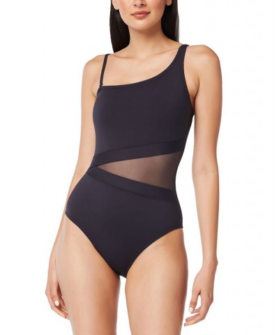 Women's Don't Mesh With Me One-Shoulder One-Piece Swimsuit Black $43.20 Swimsuits