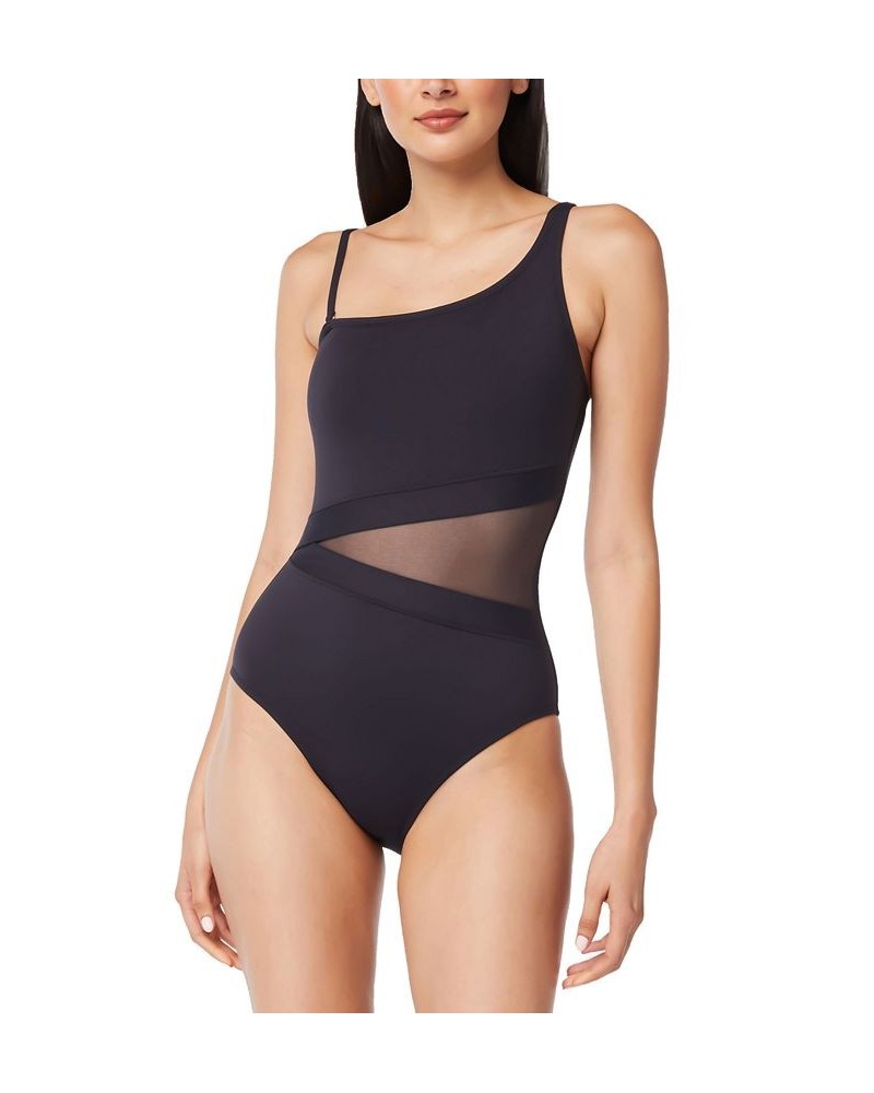 Women's Don't Mesh With Me One-Shoulder One-Piece Swimsuit Black $43.20 Swimsuits